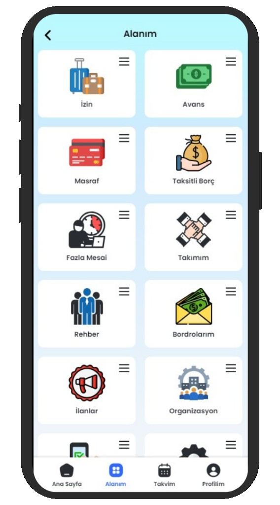 DijiPortal mobil uygulama: Alanım modül menüsü