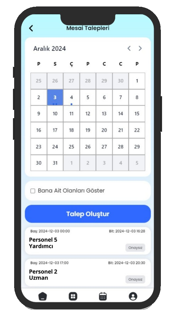 DijiPortal mobil uygulama: Mesai talepleri ve takvim ekranı